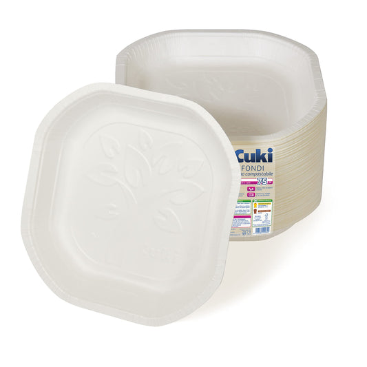 Cuki Piatti Fondi in Cartoncino Biodegradabile e Compostabile, ideali con alimenti liquidi e caldi, 1 Confezione da 75 Pezzi, per Picnic, Feste, Barbecue, Pranzi e Cene, 19.8 x 19.8 cm