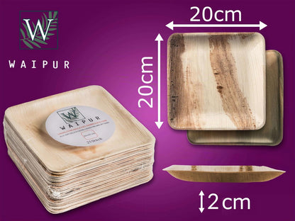 Waipur Piatti in Foglia di Palma Ecologici - 25 Pz Quadrati 20x20 cm - Stoviglie usa e getta Compostabili Eleganti - Leggeri e Resistenti - Simile al Bamboo e al Legno - Ideale per Feste