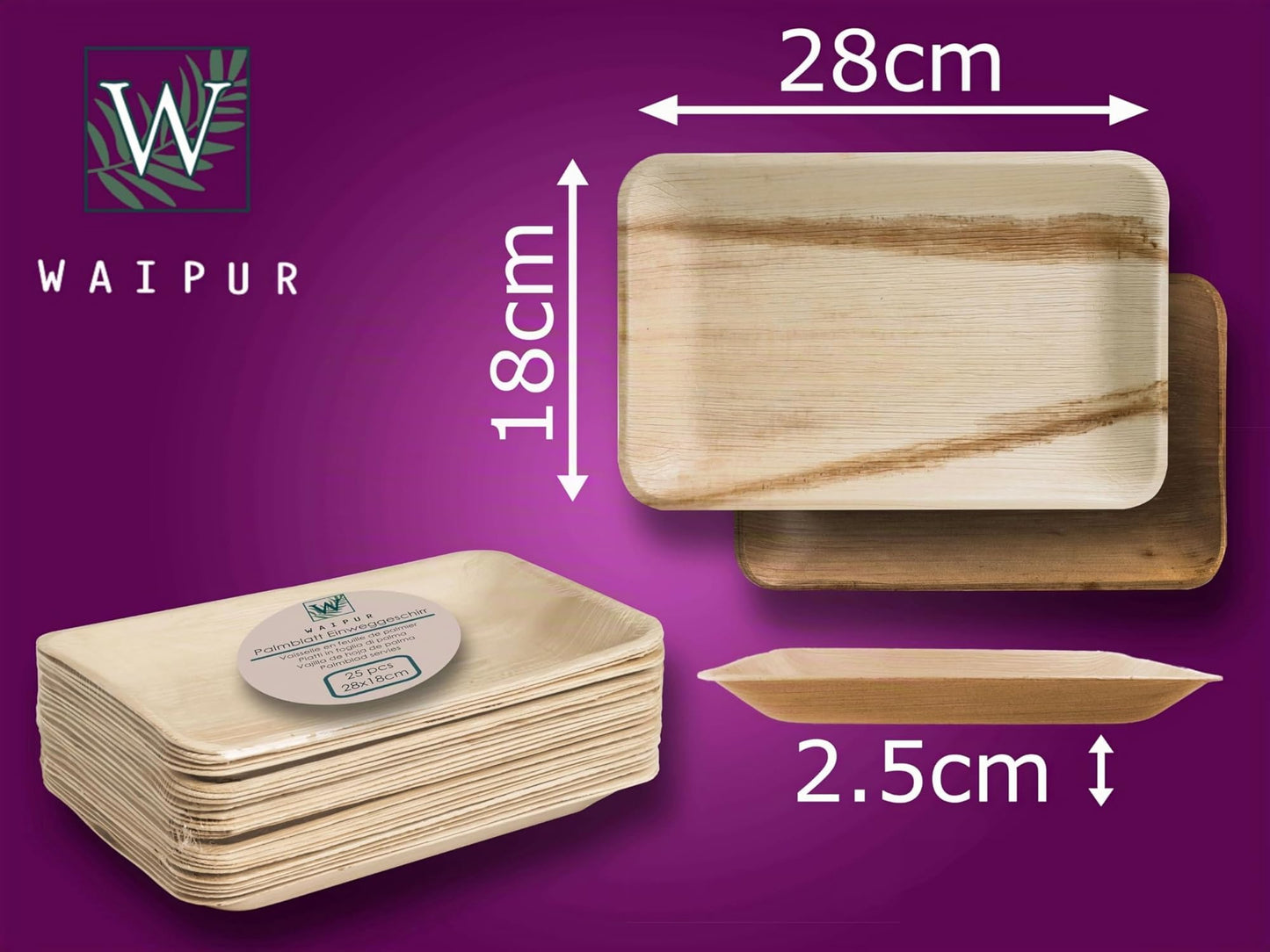 Waipur Piatti in Foglia di Palma Ecologici - 25 Pz Rettangolari 28x18 cm - Stoviglie usa e getta Biodegradabili Eleganti - Leggeri e Resistenti - Naturali e Compostabili - Simile al Bamboo e Legno