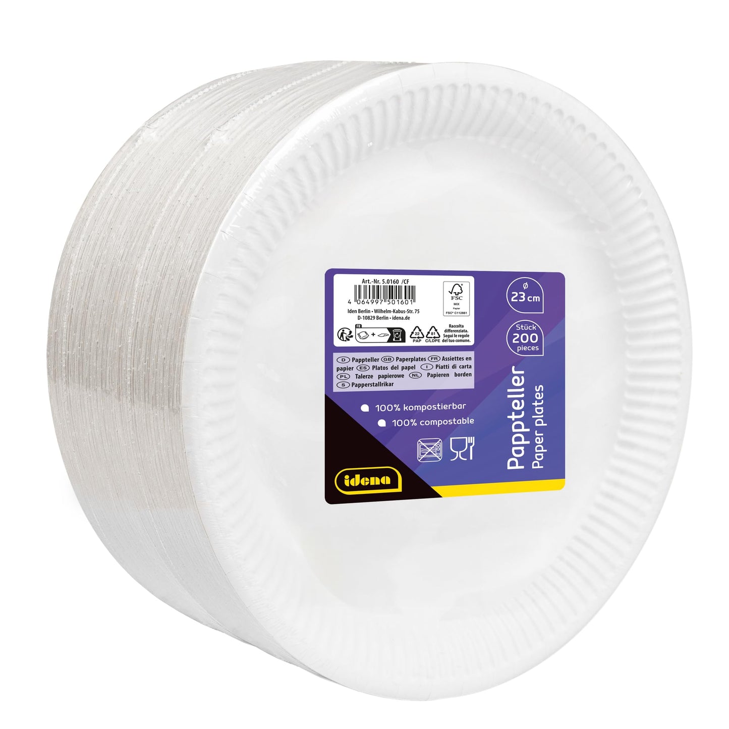 Idena 50160 - Piatto Party Bianco, 200 Pezzi,⌀ 23 cm, Certificato FSC, Piatto di Carta 100% compostabile, per Feste, Barbecue e Picnic