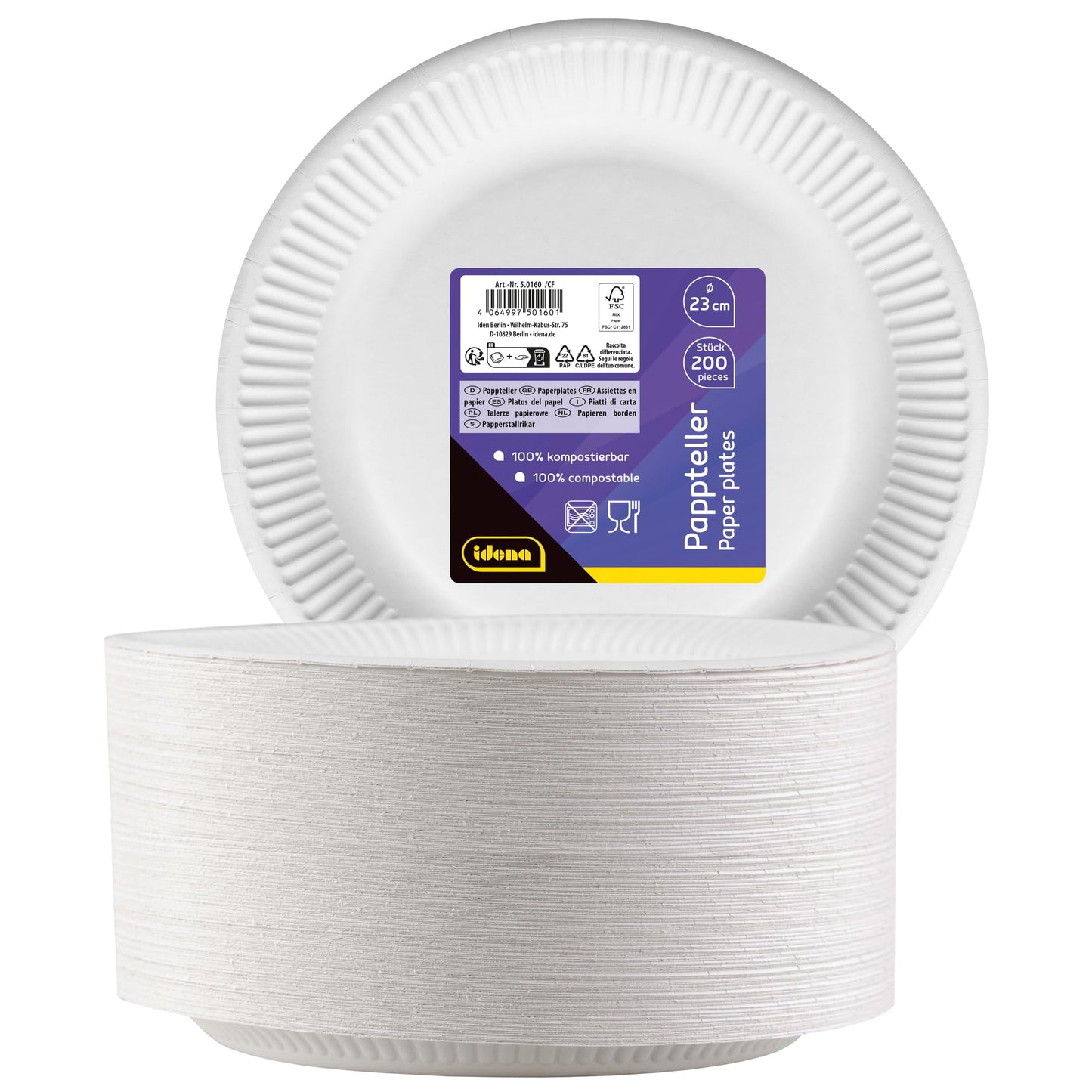 Idena 50160 - Piatto Party Bianco, 200 Pezzi,⌀ 23 cm, Certificato FSC, Piatto di Carta 100% compostabile, per Feste, Barbecue e Picnic