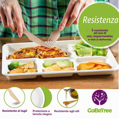 GoBeTree 100 Piatti monouso da 26 cm con 5 scomparti. Piatti in canna da zucchero, stoviglie monouso extraforti di colore bianco. Piatti rettangolare.